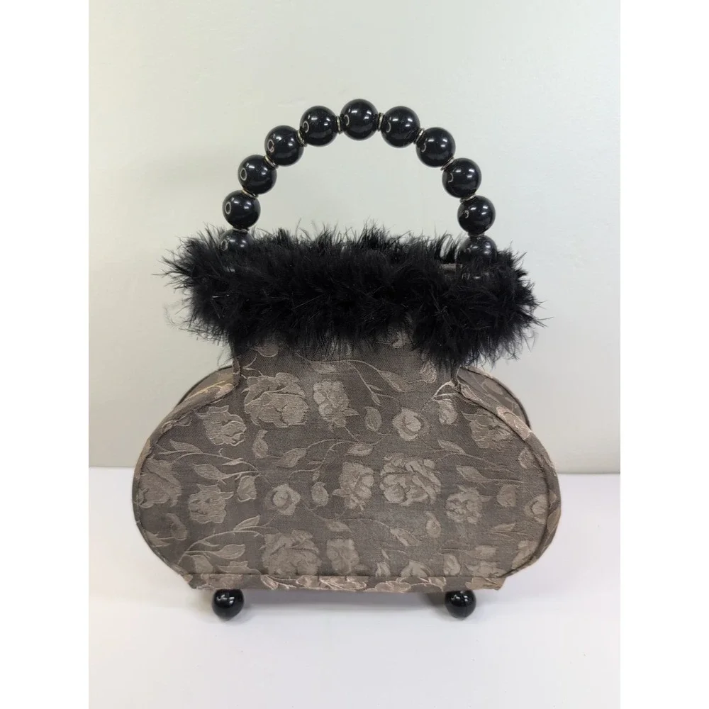 Vintage‎ Style Boutique Purse Lamp Feathered Rare Handbag Dark Fur Beaded Deco